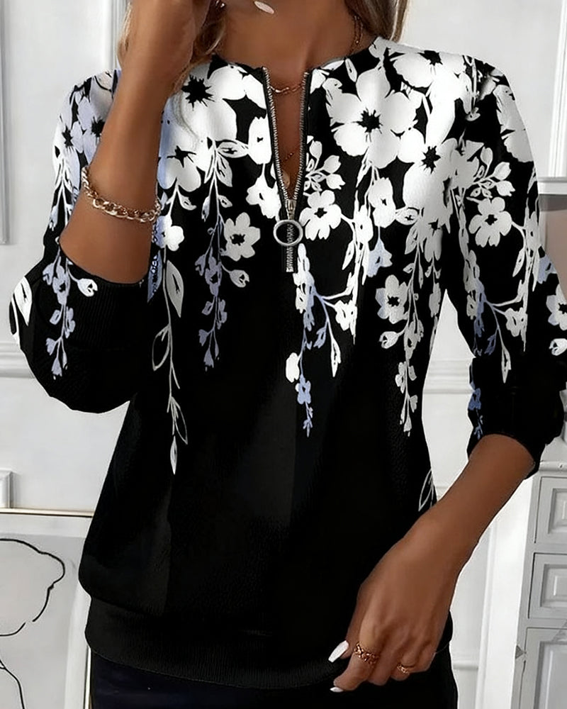 Margot | Blumen-Sweatshirt mit halbem Reißverschluss