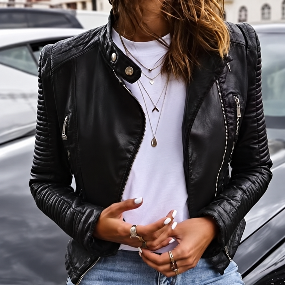 Elara™ | Damen Lederjacke mit Stehkragen & Slim-Fit Passform