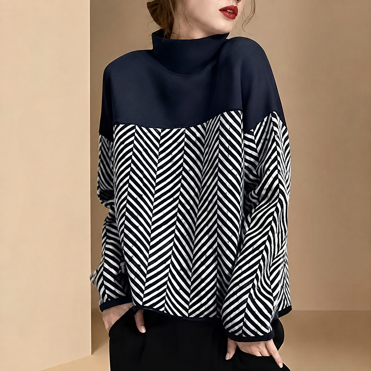 Marlene™ | Damen-Strickpullover mit Rollkragen und Chevron-Patchwork-Muster