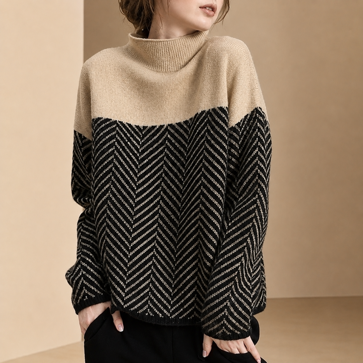 Marlene™ | Damen-Strickpullover mit Rollkragen und Chevron-Patchwork-Muster