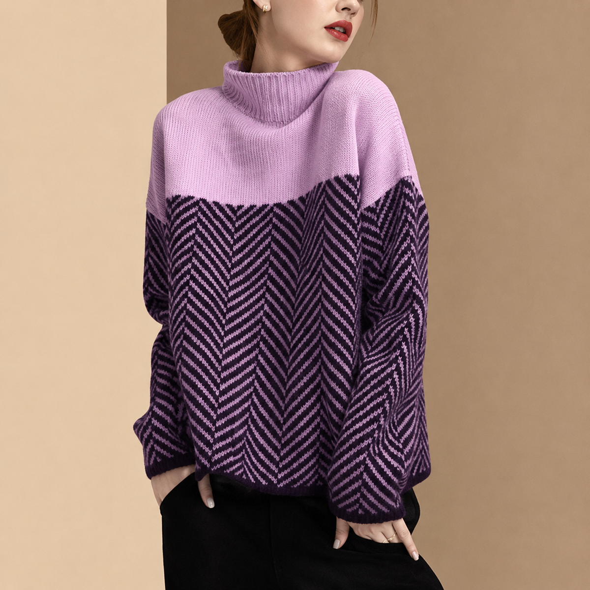 Marlene™ | Damen-Strickpullover mit Rollkragen und Chevron-Patchwork-Muster