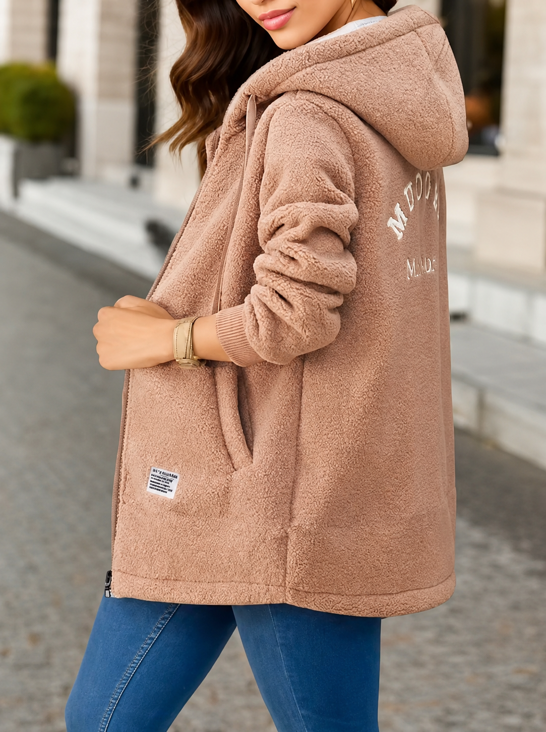 Vera | Lange Fleece-Jacke mit Kapuze und Taschen