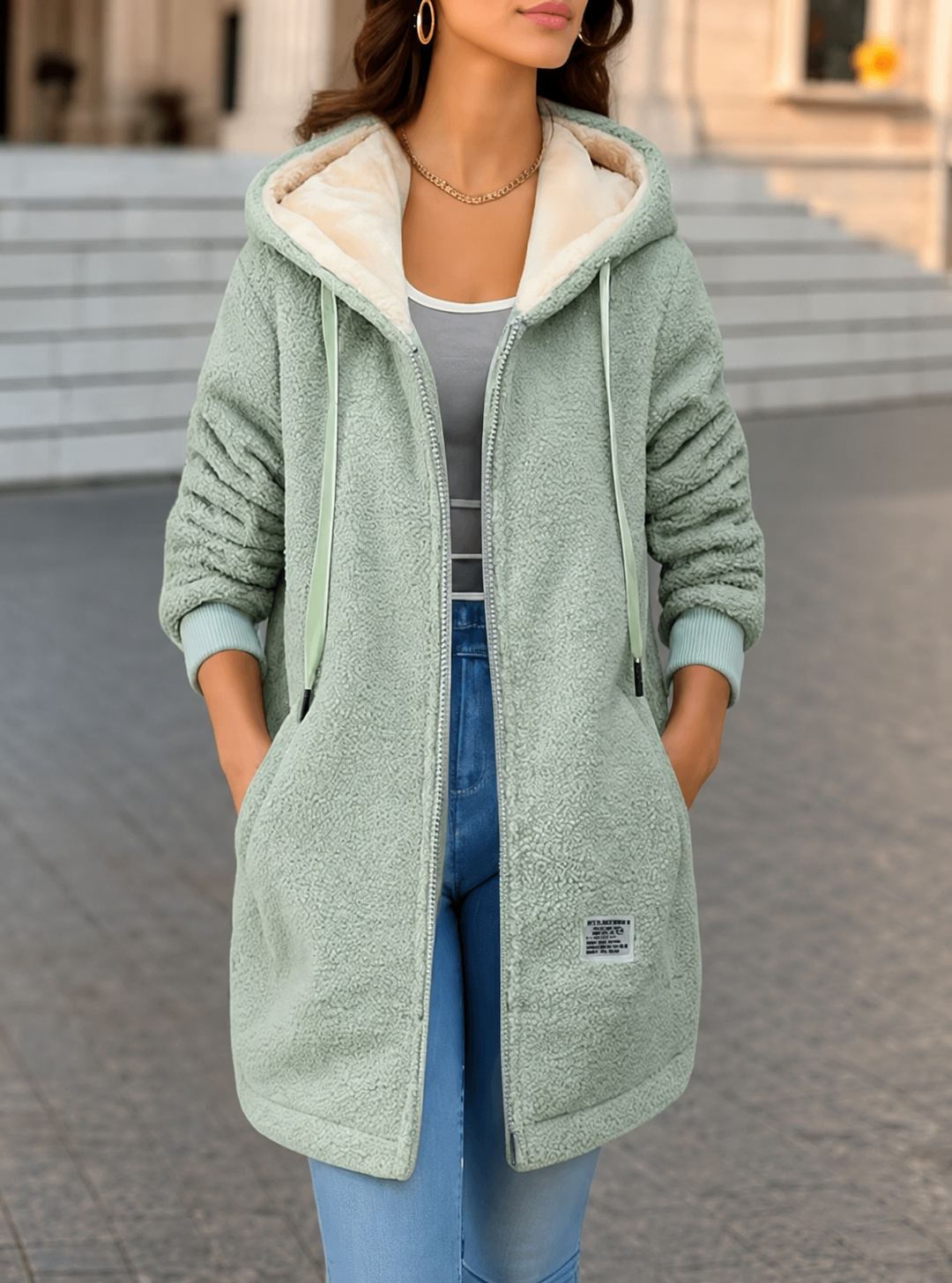 Vera | Lange Fleece-Jacke mit Kapuze und Taschen