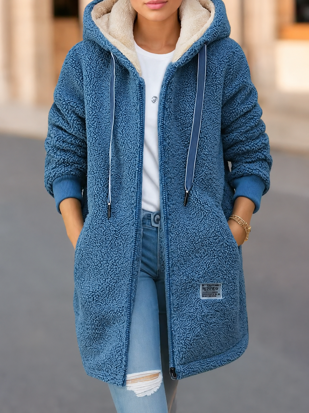 Vera | Lange Fleece-Jacke mit Kapuze und Taschen
