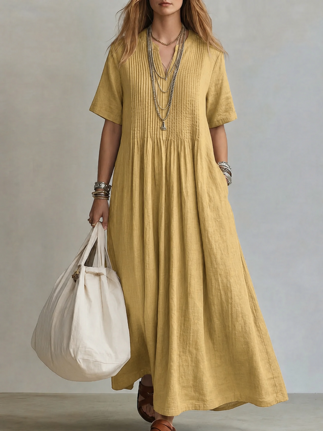 Simone | Luftiges Maxikleid mit Plissee-Details