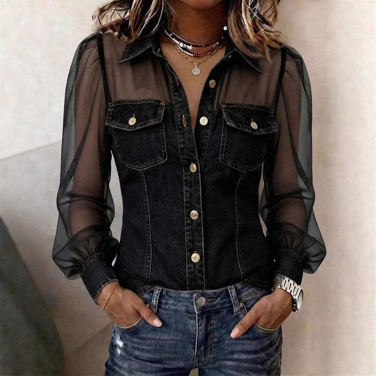 Leia | Bluse in Denimoptik mit transparenten Ärmeln