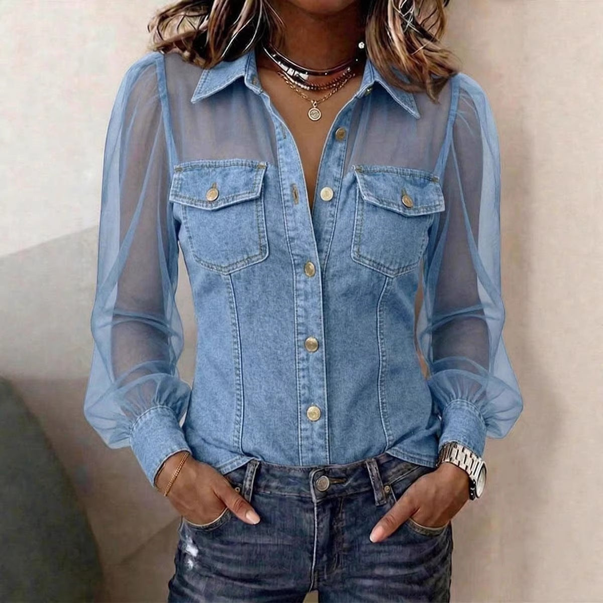 Leia | Bluse in Denimoptik mit transparenten Ärmeln