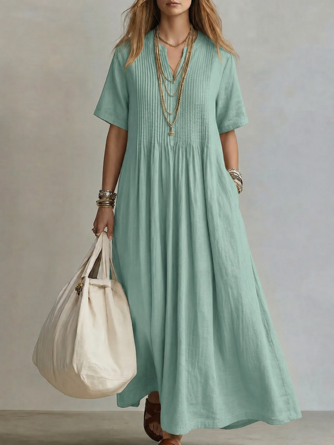 Simone | Luftiges Maxikleid mit Plissee-Details
