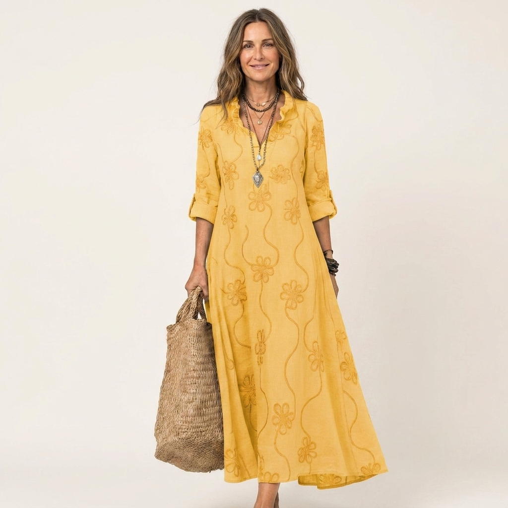 Marisa | Maxi-Kleid aus Baumwoll-Leinen mit Ton-in-Ton-Blumenstickerei