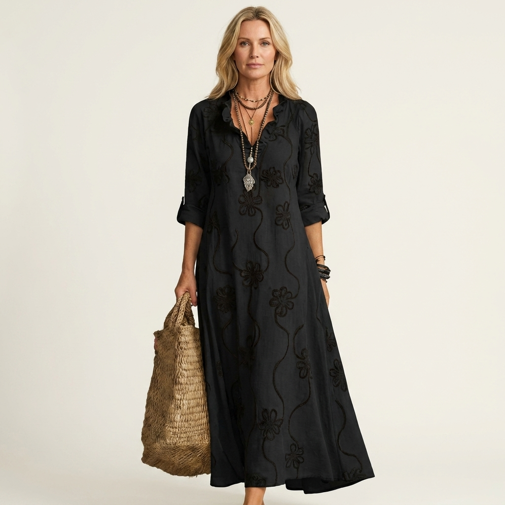 Marisa | Maxi-Kleid aus Baumwoll-Leinen mit Ton-in-Ton-Blumenstickerei