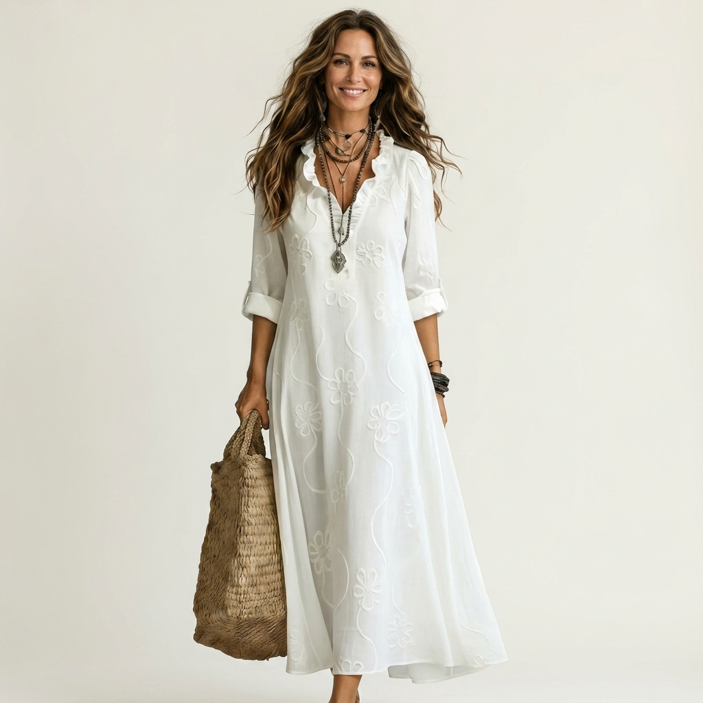 Marisa | Maxi-Kleid aus Baumwoll-Leinen mit Ton-in-Ton-Blumenstickerei