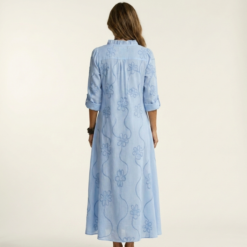 Marisa | Maxi-Kleid aus Baumwoll-Leinen mit Ton-in-Ton-Blumenstickerei