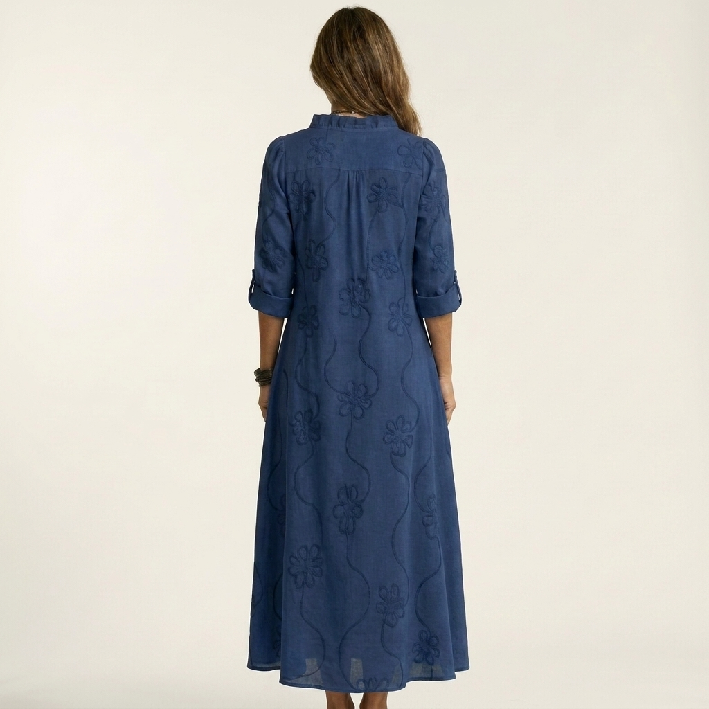 Marisa | Maxi-Kleid aus Baumwoll-Leinen mit Ton-in-Ton-Blumenstickerei