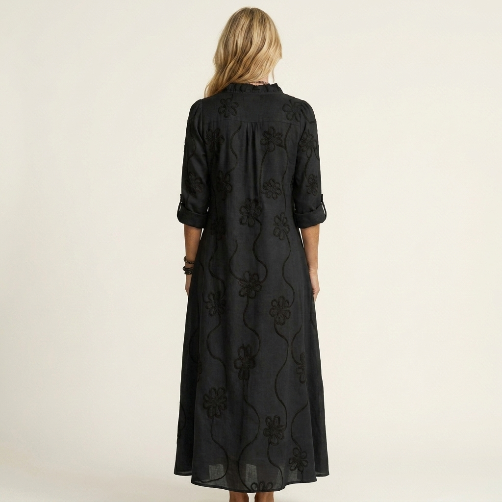 Marisa | Maxi-Kleid aus Baumwoll-Leinen mit Ton-in-Ton-Blumenstickerei
