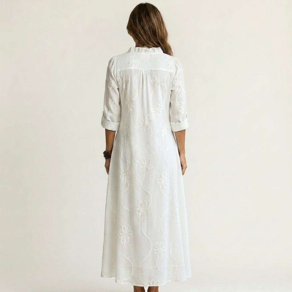 Marisa | Maxi-Kleid aus Baumwoll-Leinen mit Ton-in-Ton-Blumenstickerei