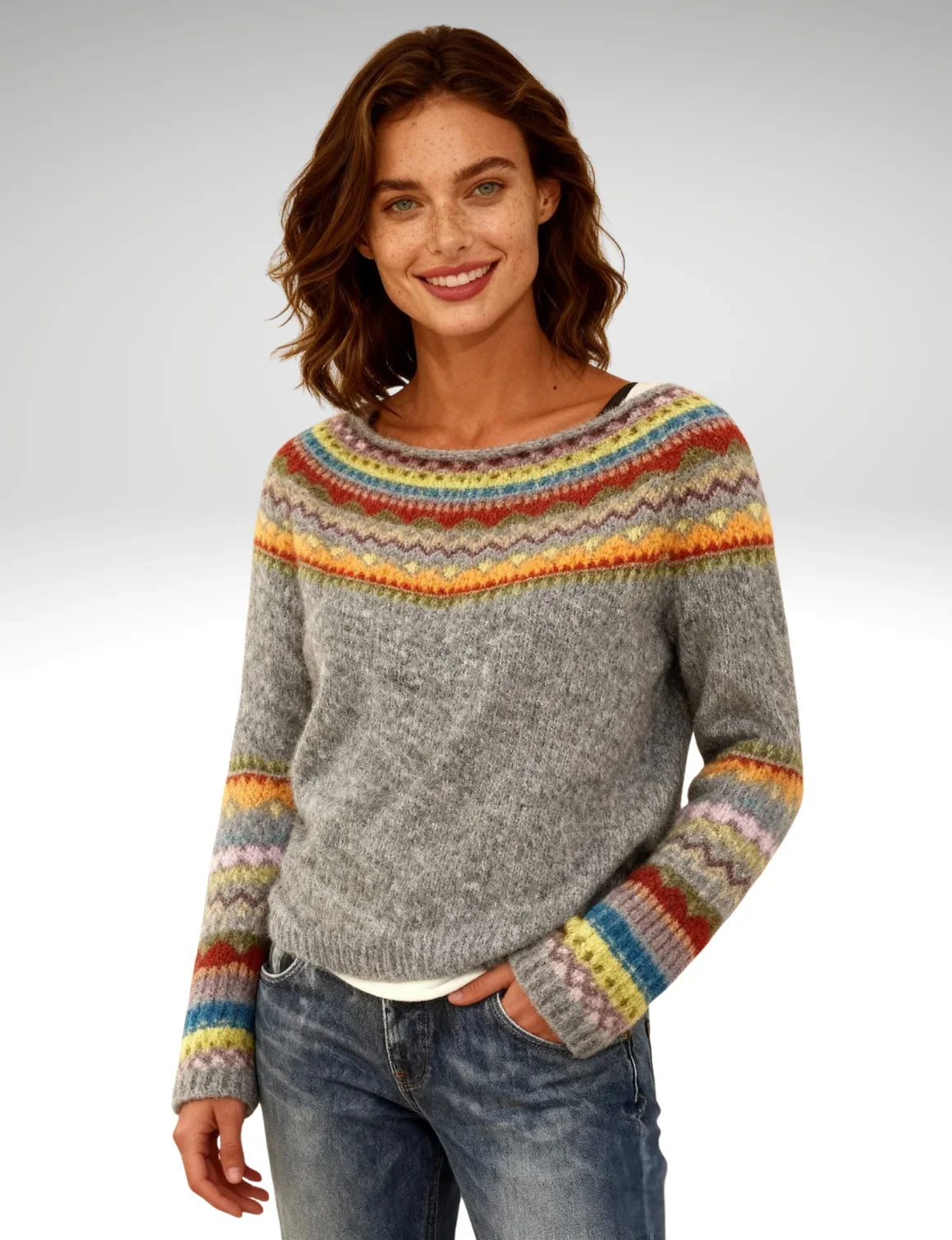 Joana | Heritage Yoke-Pullover — meliertes Grau, mehrfarbig