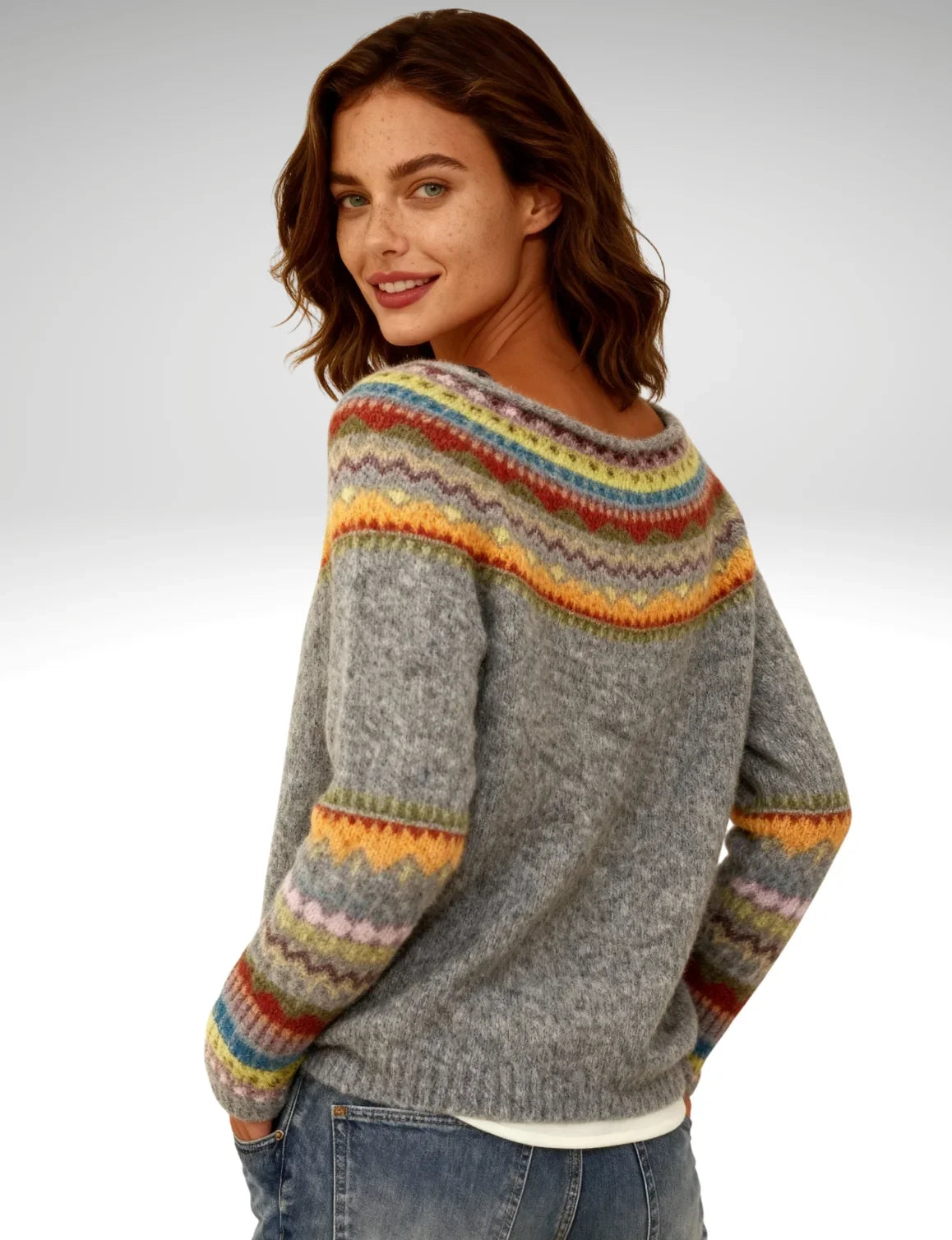 Joana | Heritage Yoke-Pullover — meliertes Grau, mehrfarbig