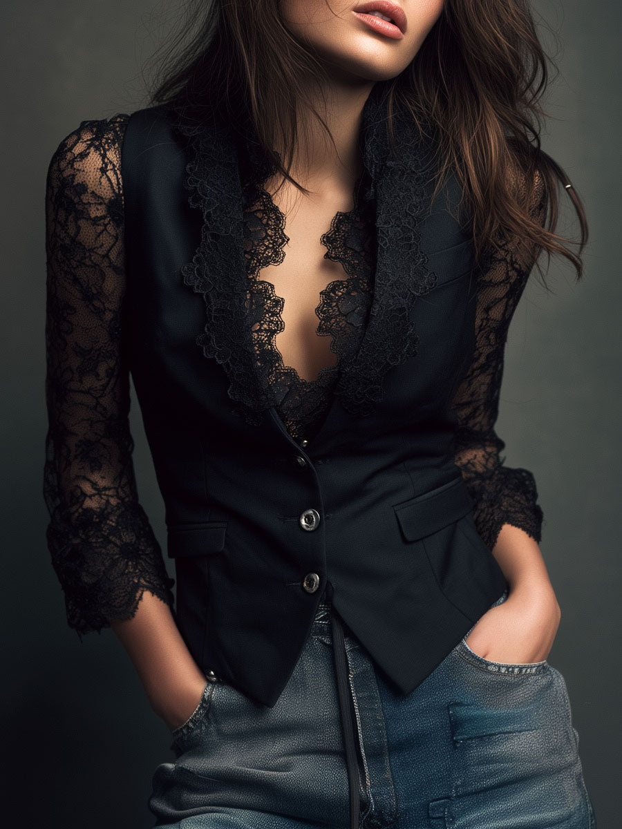 Noémie | Schwarzer Blazer mit semi-transparenten Ärmeln