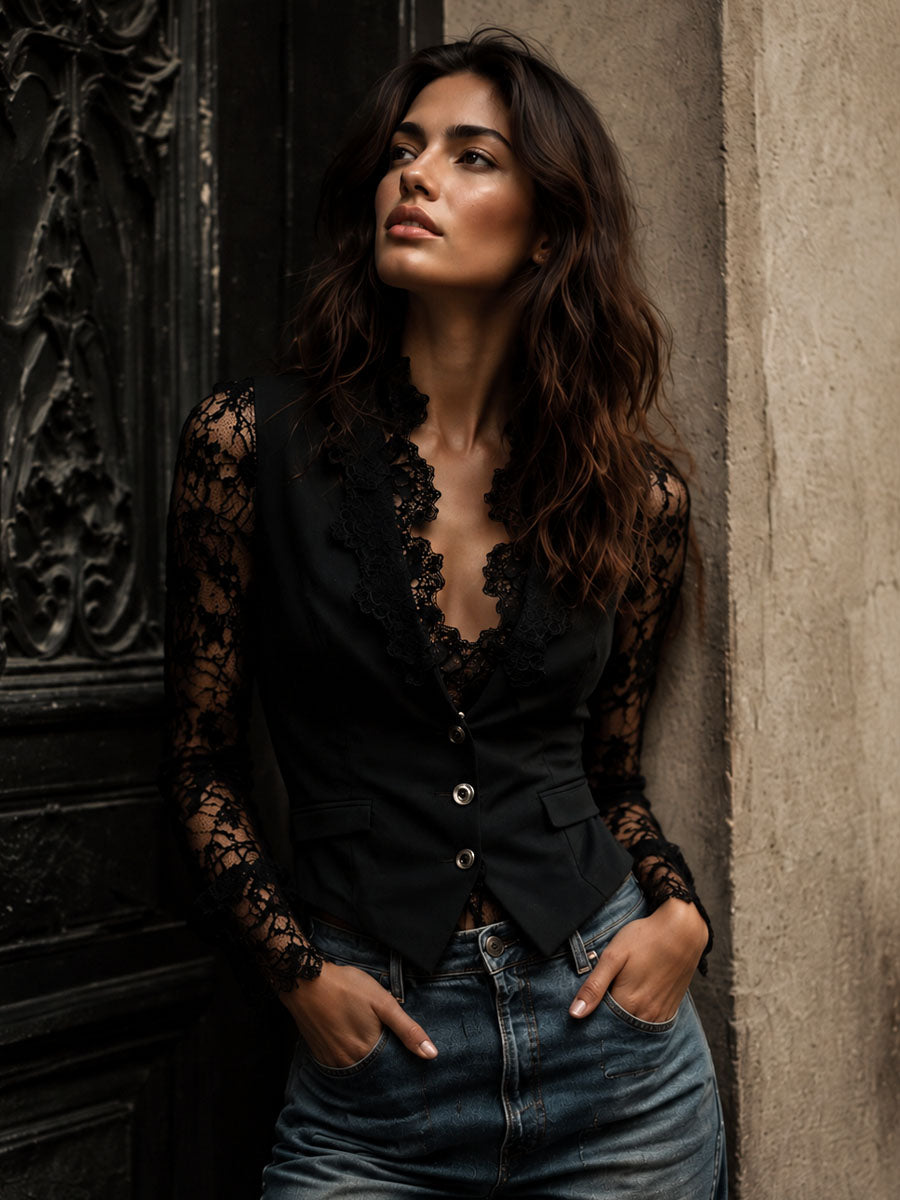 Noémie | Schwarzer Blazer mit semi-transparenten Ärmeln