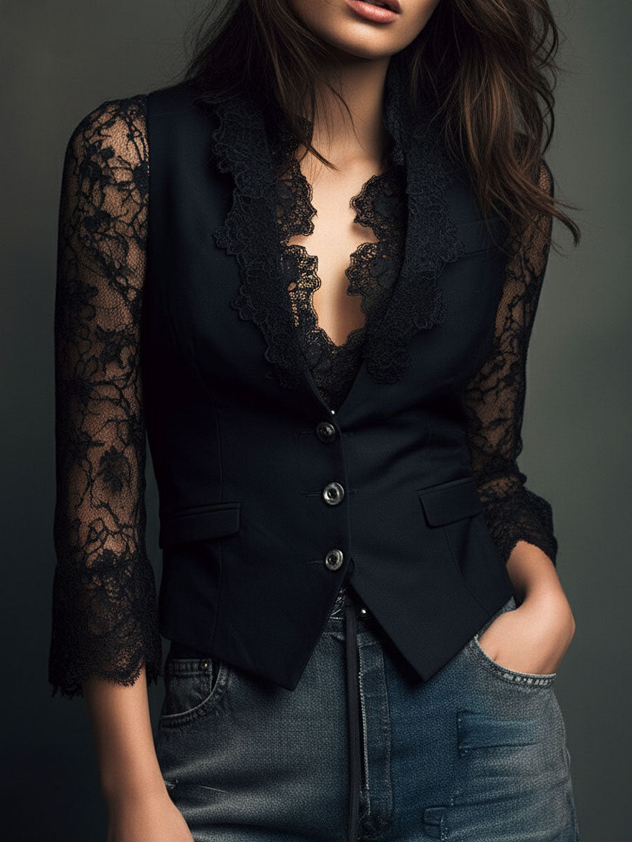 Noémie | Schwarzer Blazer mit semi-transparenten Ärmeln
