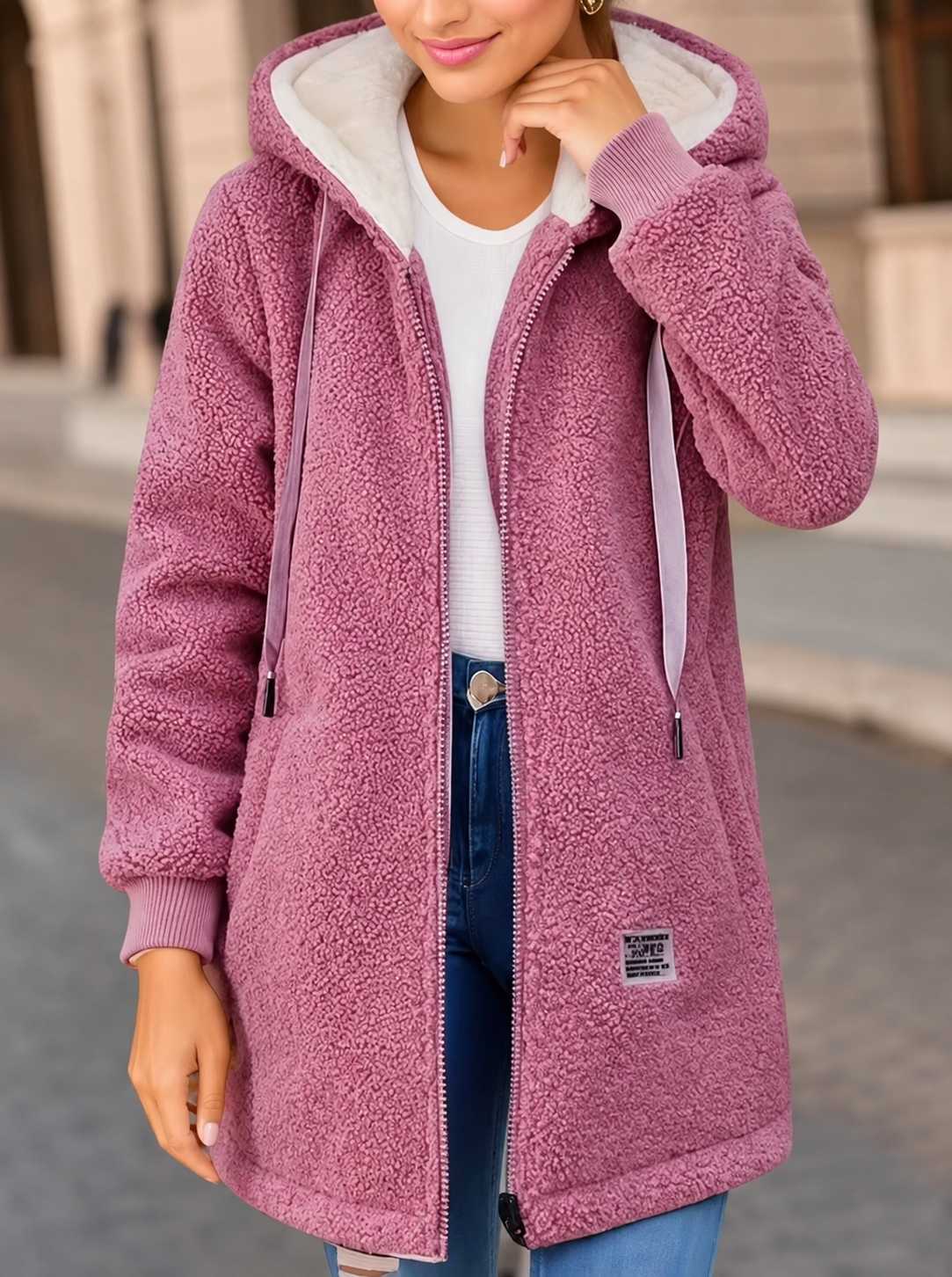 Vera | Lange Fleece-Jacke mit Kapuze und Taschen