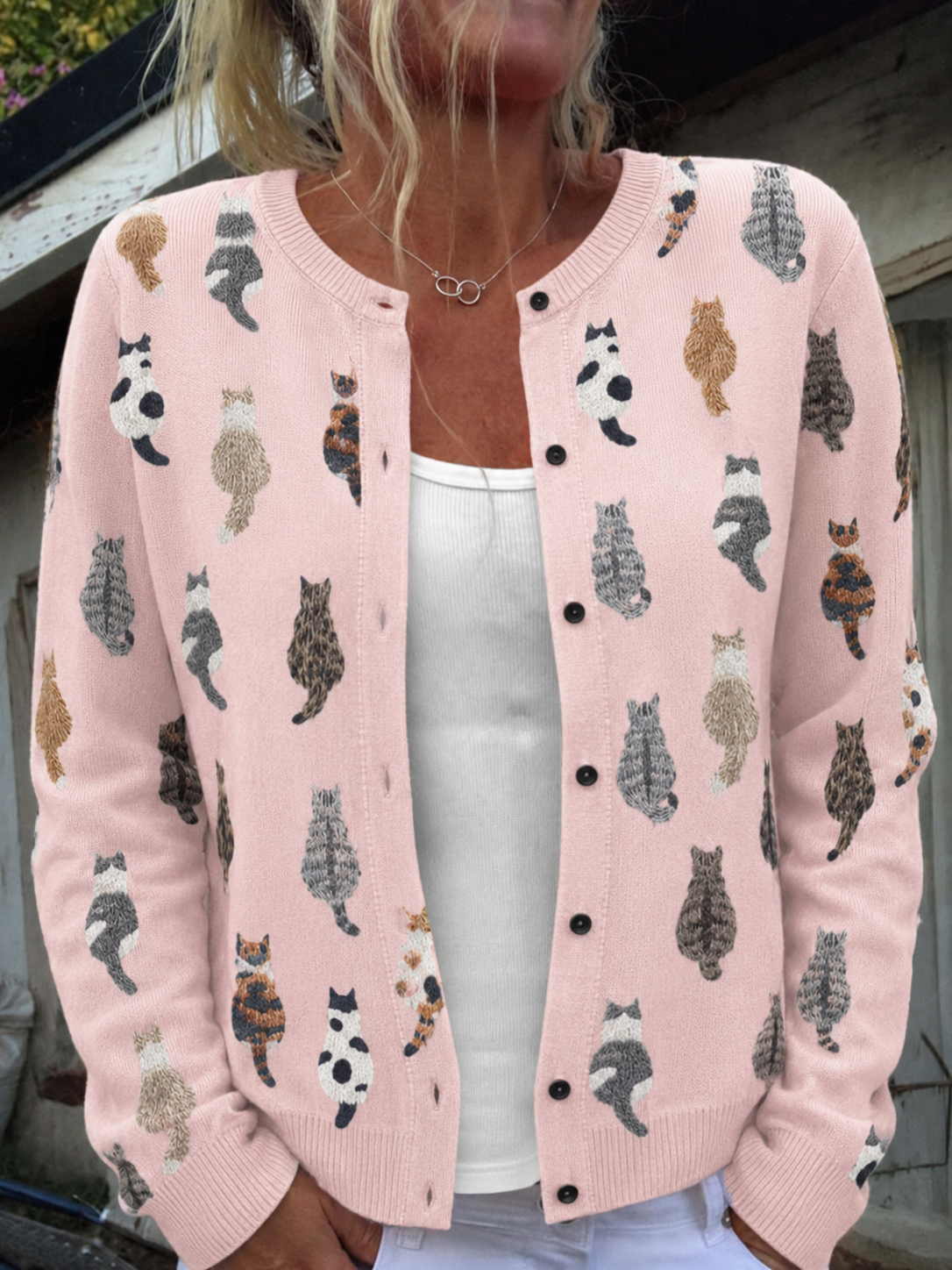 Katy | Damen Strickjacke mit Katzenprint