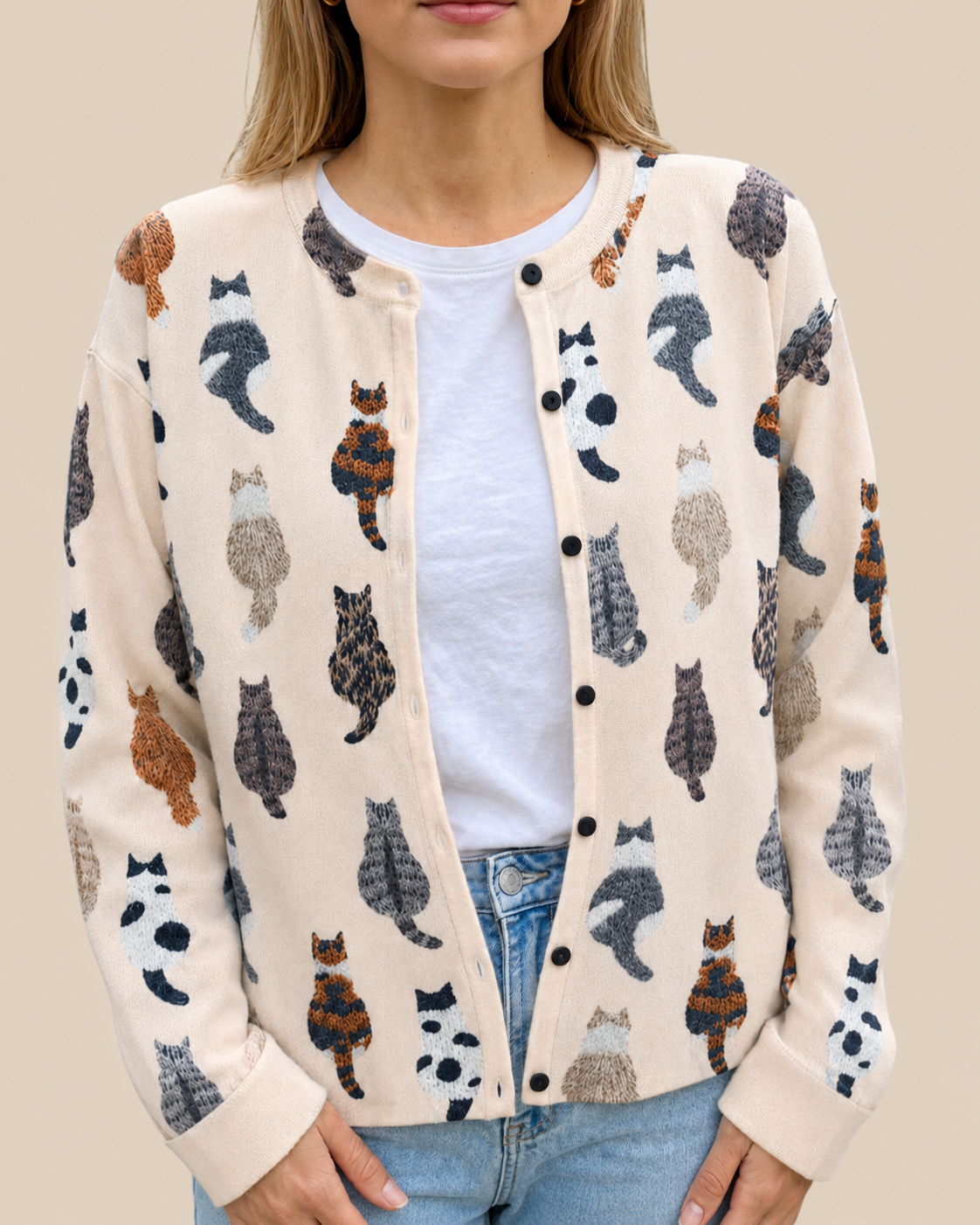Katy | Damen Strickjacke mit Katzenprint