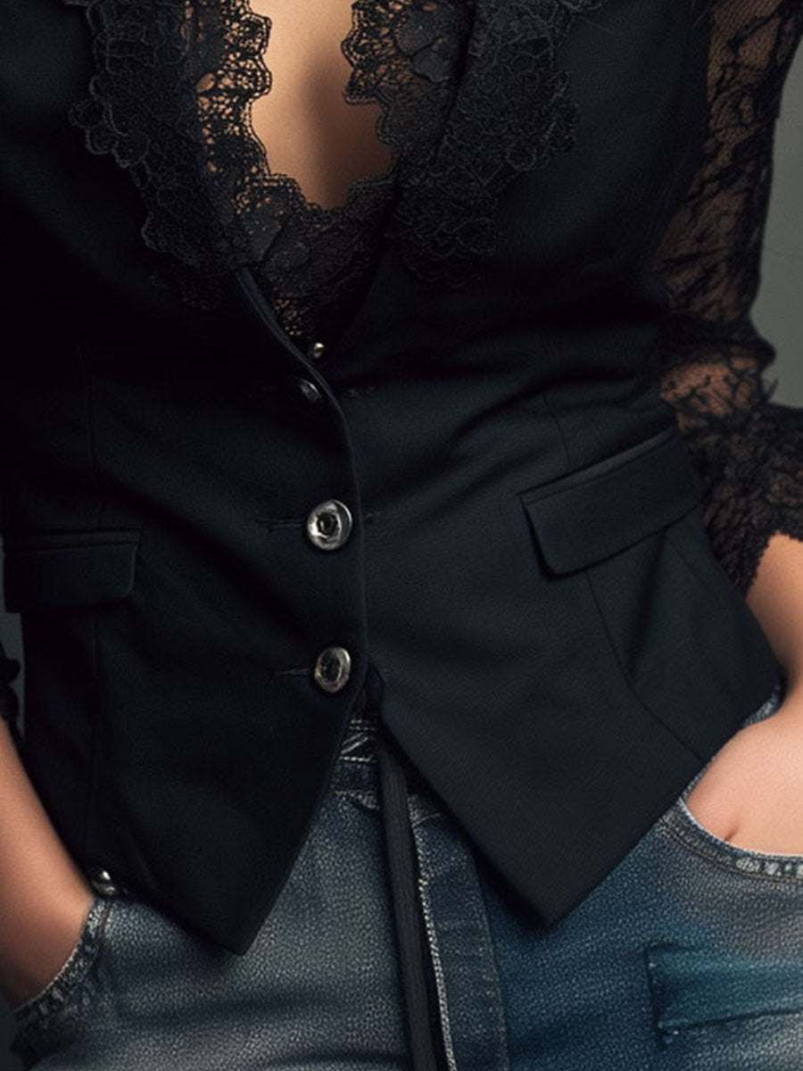 Noémie | Schwarzer Blazer mit semi-transparenten Ärmeln