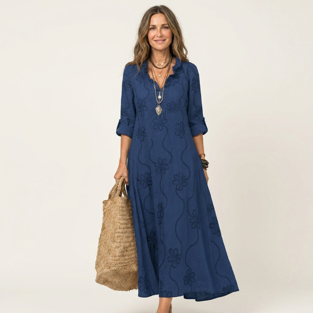 Marisa | Maxi-Kleid aus Baumwoll-Leinen mit Ton-in-Ton-Blumenstickerei