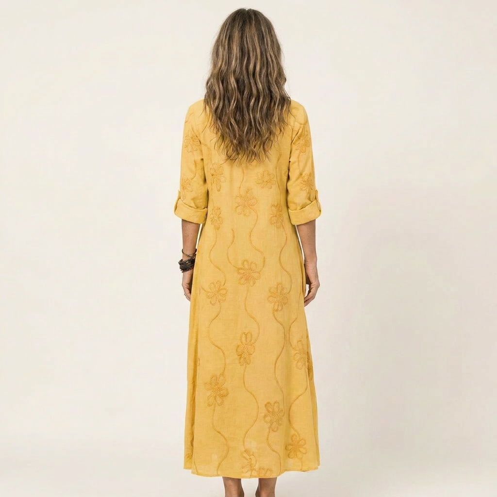 Marisa | Maxi-Kleid aus Baumwoll-Leinen mit Ton-in-Ton-Blumenstickerei