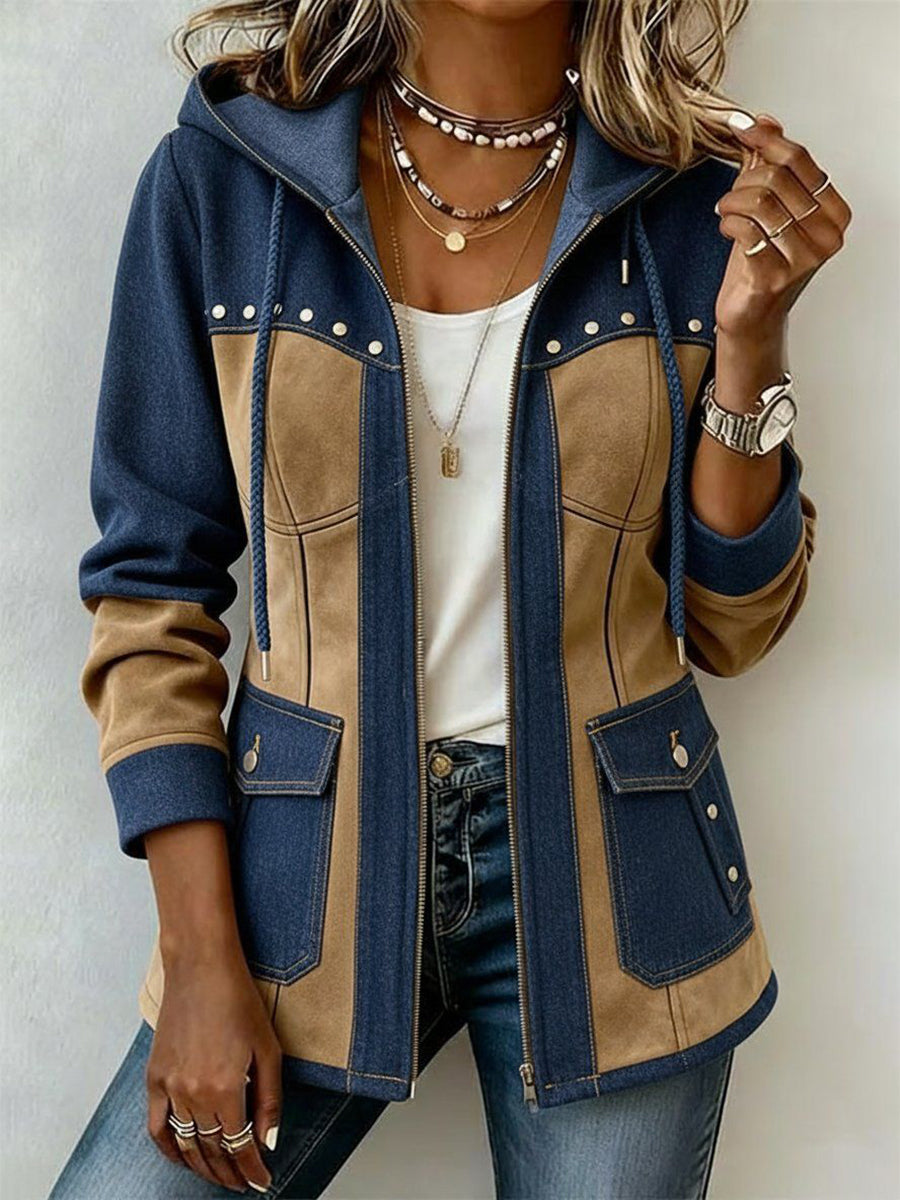 Natalie | Marineblau-camel-farbene Jacke mit Kapuze